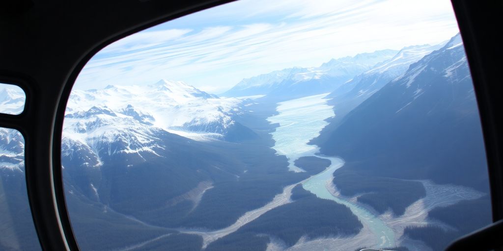 A helicopter flying over a remote Alaskan glacial valley.