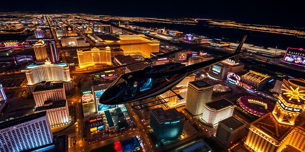 A luxury helicopter flies over the Las Vegas Strip at night.