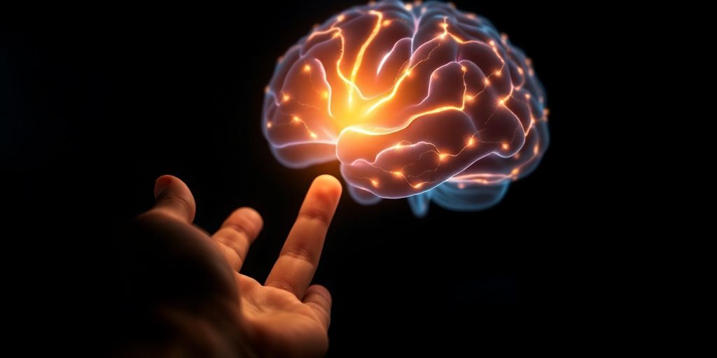 Brain with glowing reward pathways, person reaching for light.