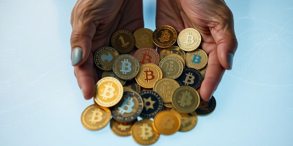 Digital hands managing crypto coins.