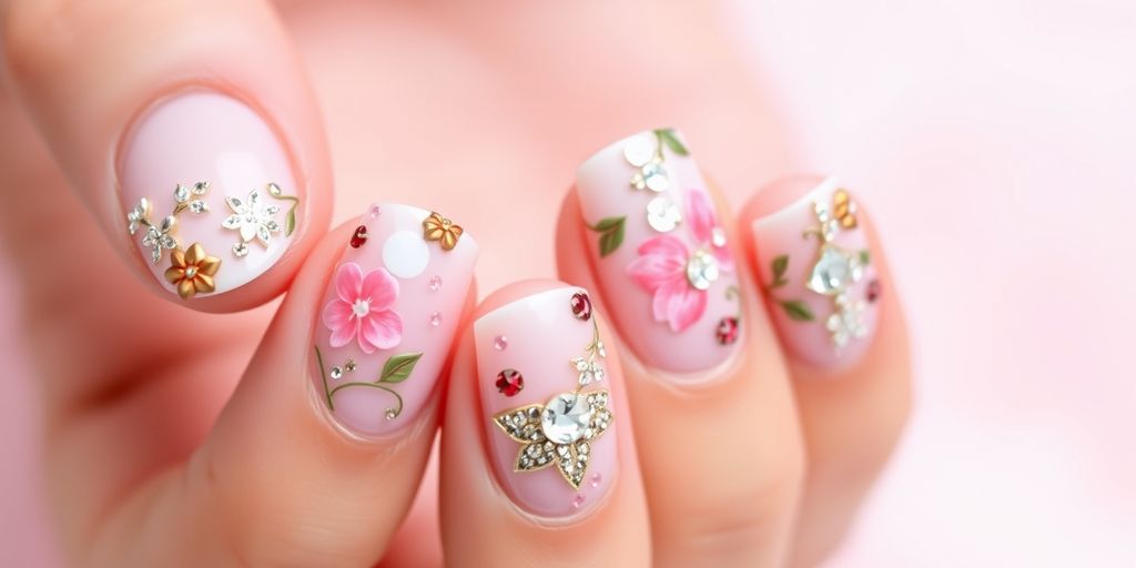 Unhas de gel decoradas com flores e strass