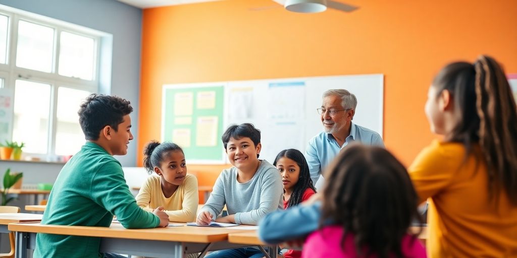 Diverse students collaborating in an engaging classroom setting.