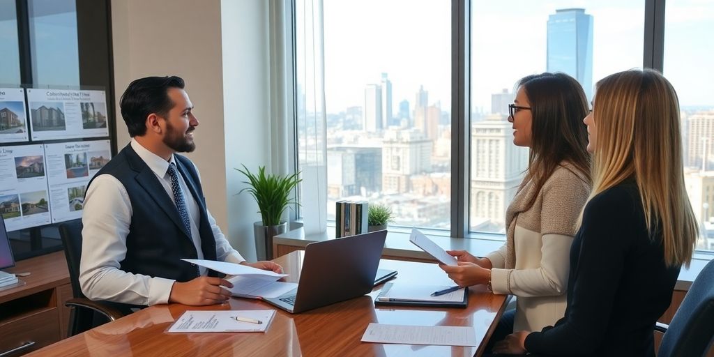 Real estate broker consulting clients in an office environment.