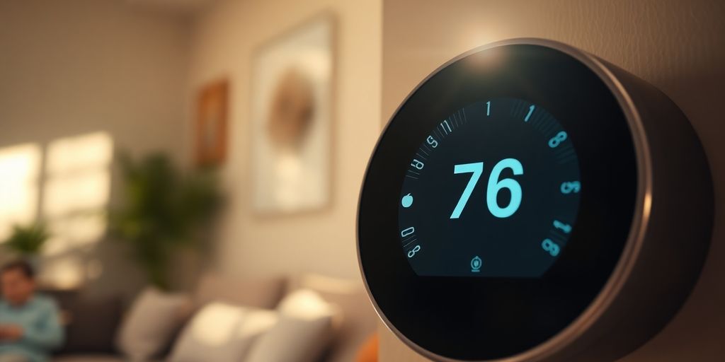 Thermostat displaying energy savings, surrounded by sunlight.