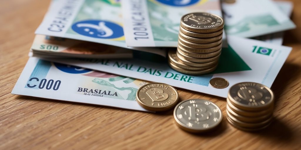Notas e moedas brasileiras em uma mesa de madeira.