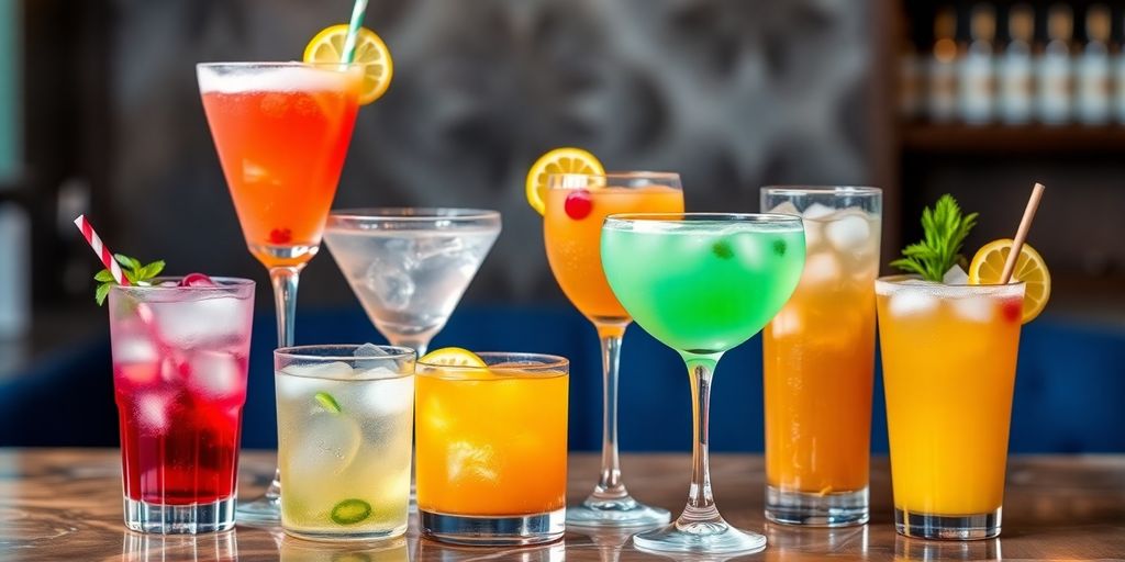 Bunte Cocktails in Gläsern auf einem Tisch.