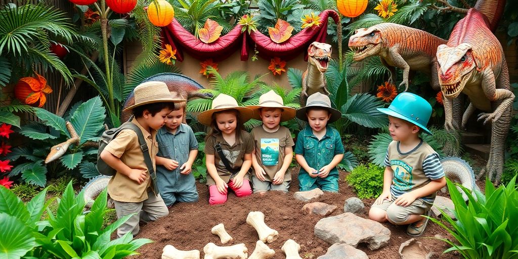 Children exploring a dinosaur-themed party with decorations.