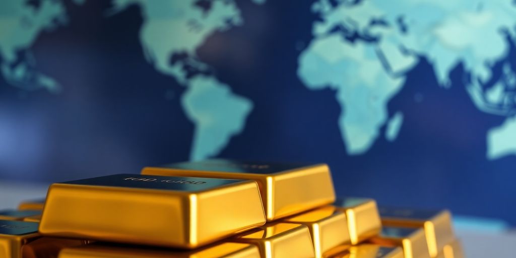 Lingots d'or empilés, carte du monde floue.