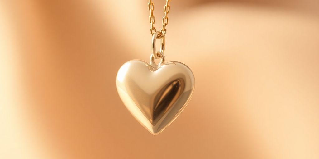 Silver heart pendant, gold chain, warm lighting.