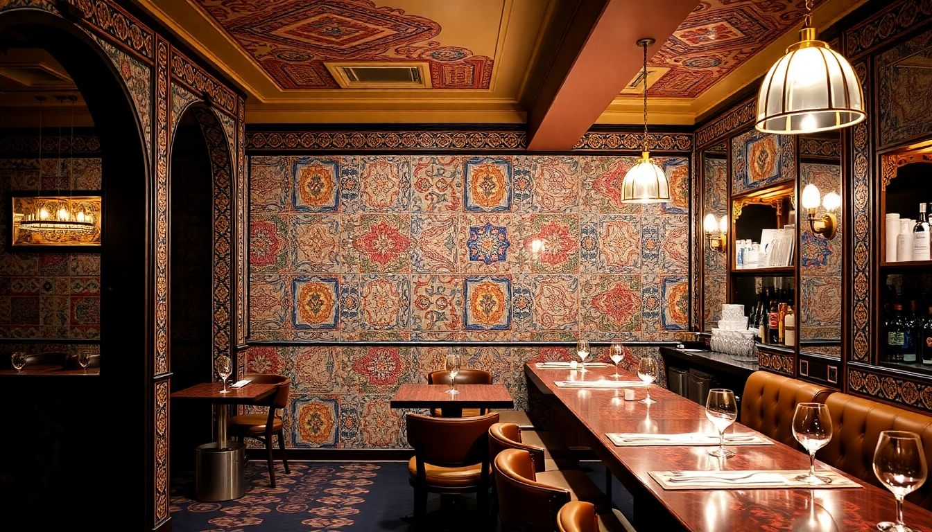 Elegant tiled restaurant interior with vibrant colours.