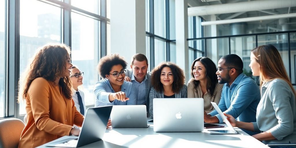 Diverse professionals collaborating in modern office space.
