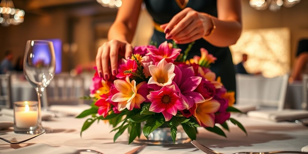 Event planner arranging flowers at elegant dinner.