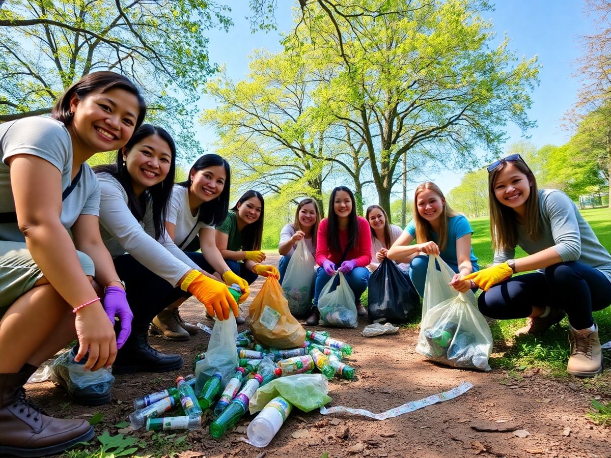 Voluntari adună gunoaie într-un parc verde, sub cer senin luminos