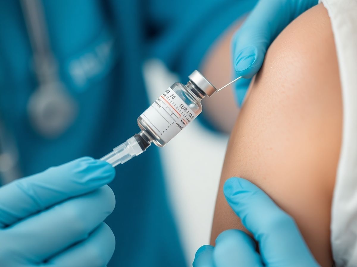 Seringă și viales de vaccin în apropierea unei persoane vaccinate.