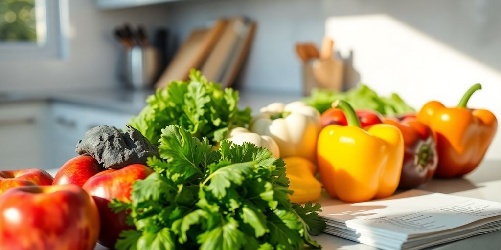 Fresh produce and grocery list on a kitchen counter.