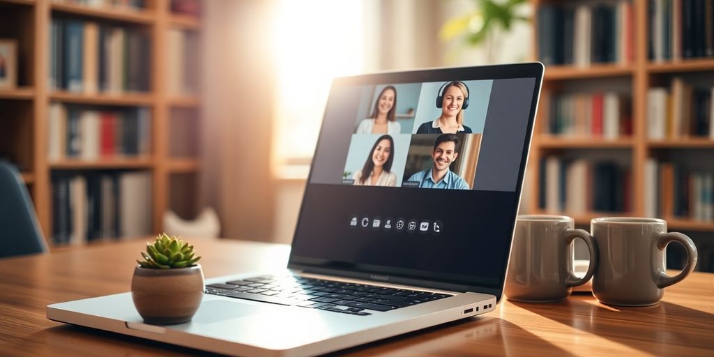 Laptop screen with four smiling video call participants in grid.