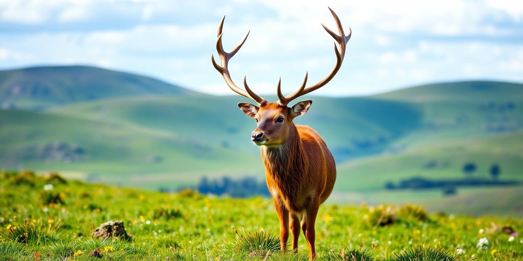 Red deer in lush Irish countryside under blue sky.