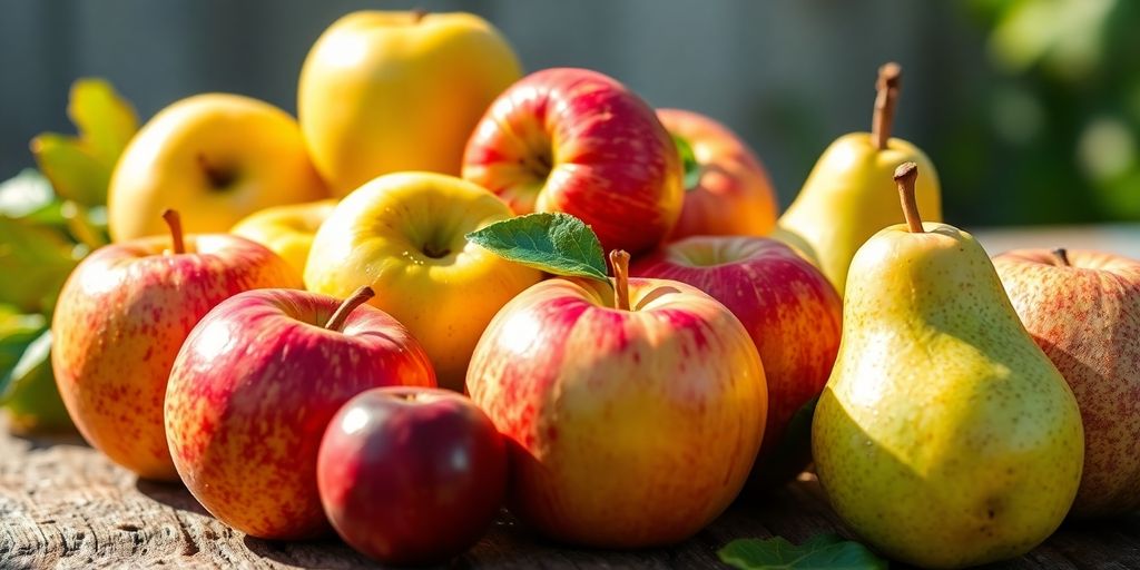 Crisp apples and pears on a rustic wooden table.