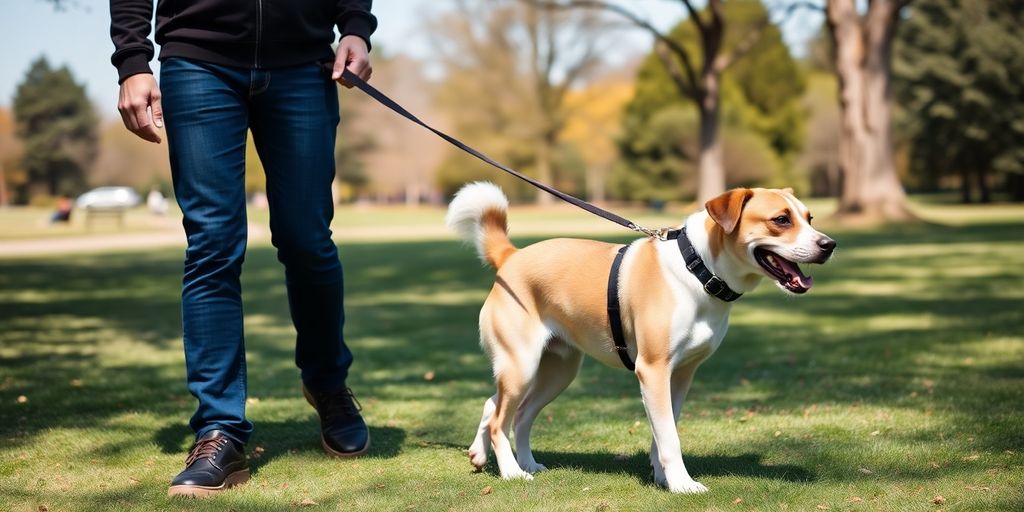 Dog heeling beside owner in a sunny park.