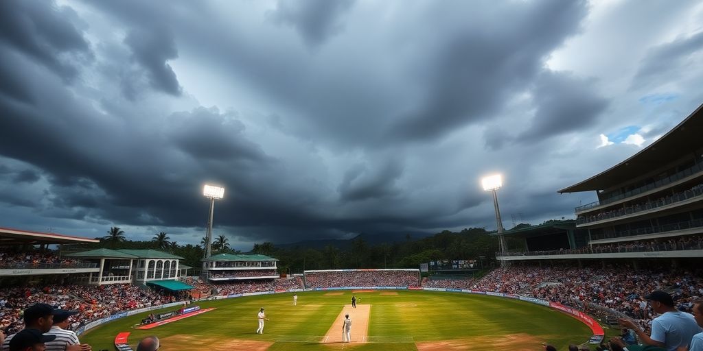 Cricket players in action on a vibrant field under clouds.