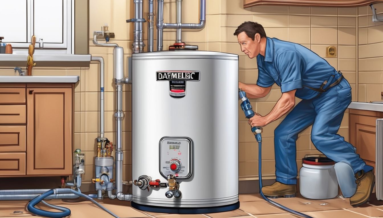 person fixing a water heater in a home