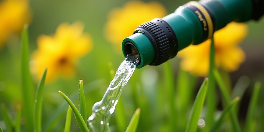 A garden hose with water leaking outdoors.