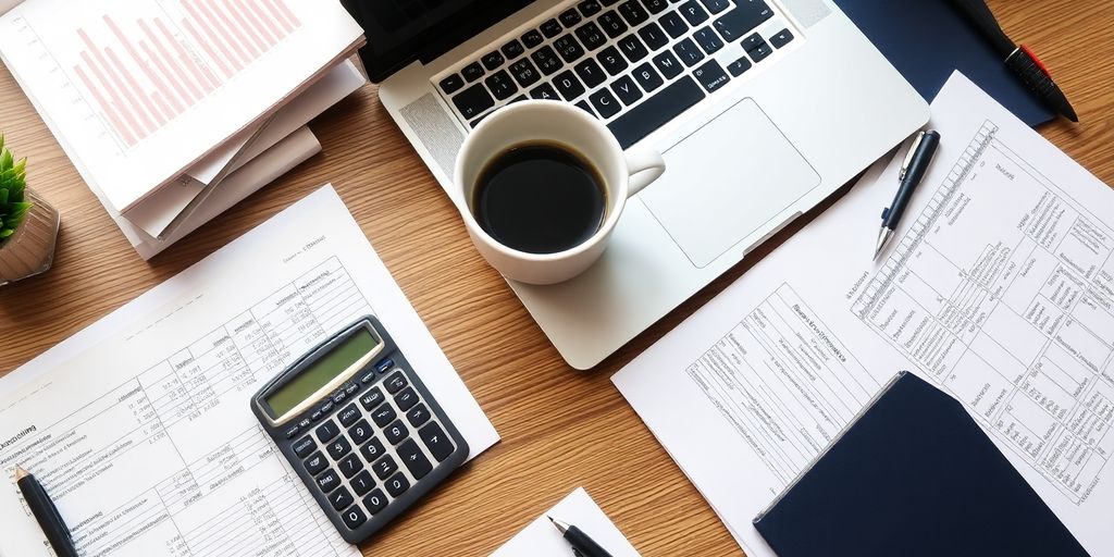 A modern bookkeeping workspace with a laptop and calculator.