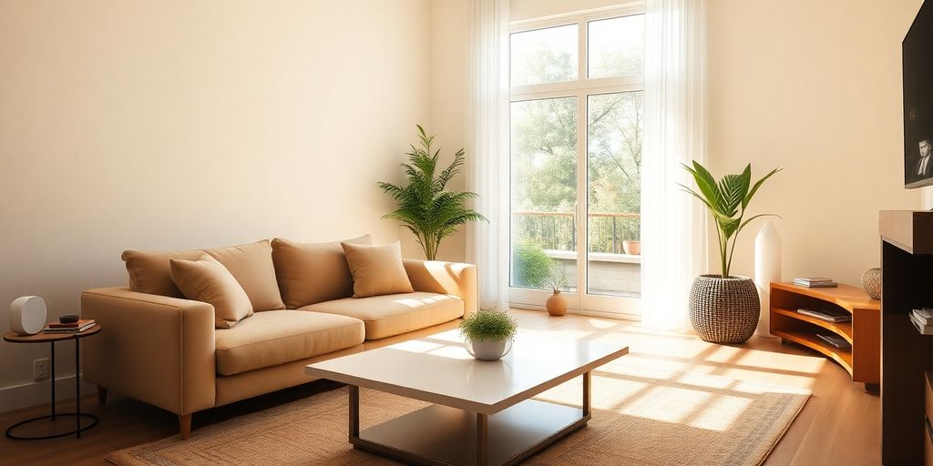 Modern living room, smart tech, cozy