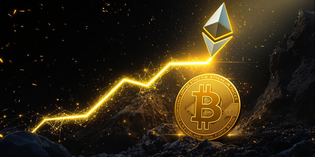 Ethereum logo rising, Bitcoin logo falling, golden light.