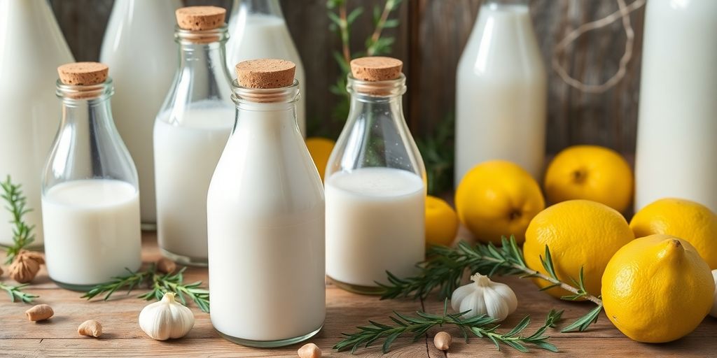Fresh milk bottles with natural ingredients.