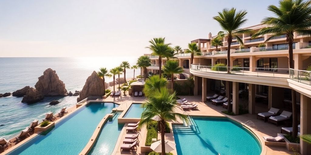 Nobu Hotel Cabo with ocean view and palm trees.