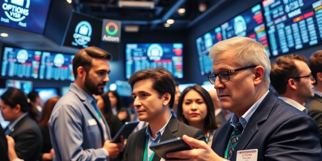 Diverse traders collaborating on options trading strategies.