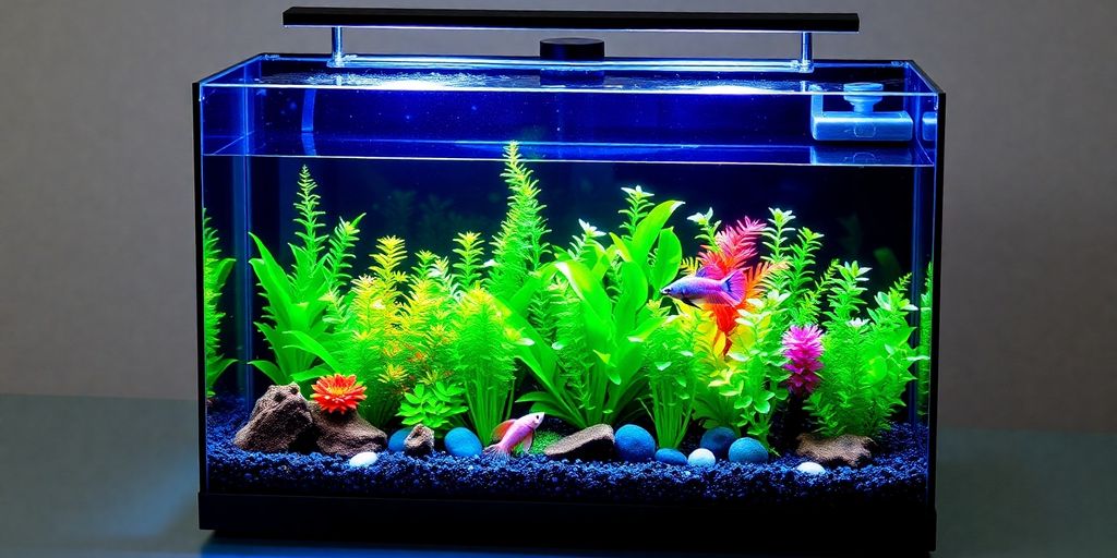 Black Marina Betta aquarium with colorful fish and plants.