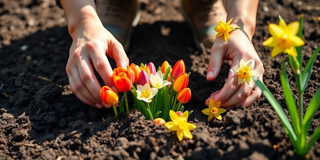 Gartenboden mit bunten Frühlingszwiebelblumen