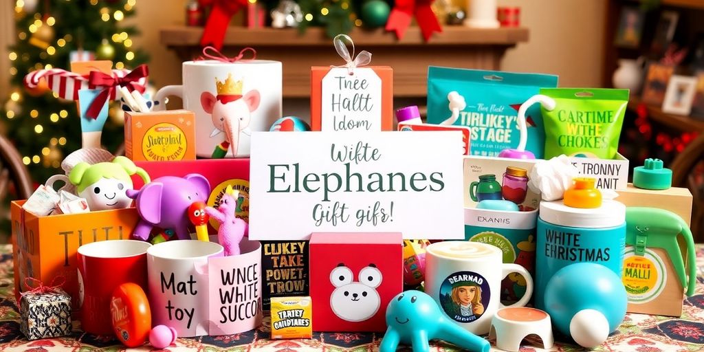 Variety of unique and practical white elephant gifts on table.