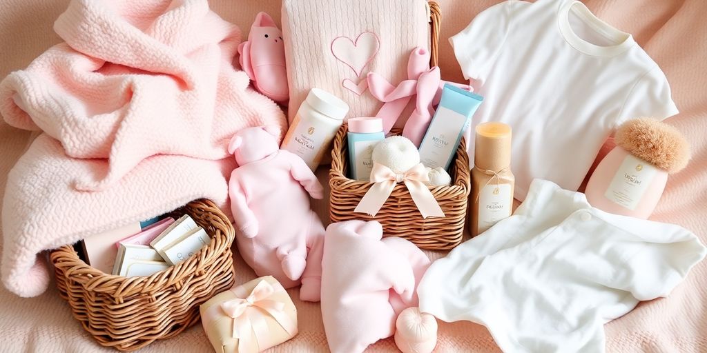 Gifts for newborn mothers including blankets and baby clothes.