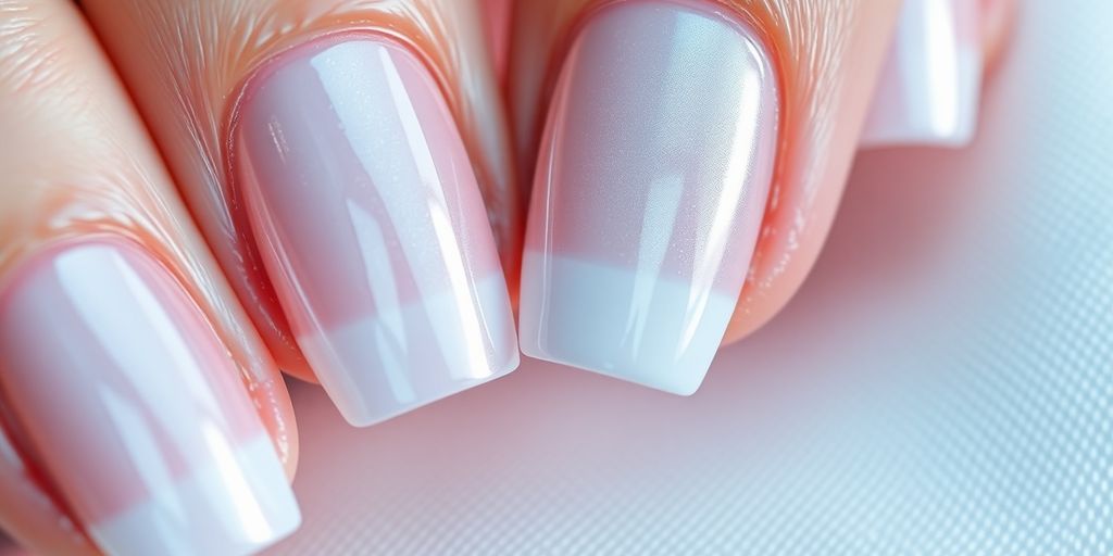 Unhas cromadas com delicados tips franceses brilhantes em ambiente sofisticado.