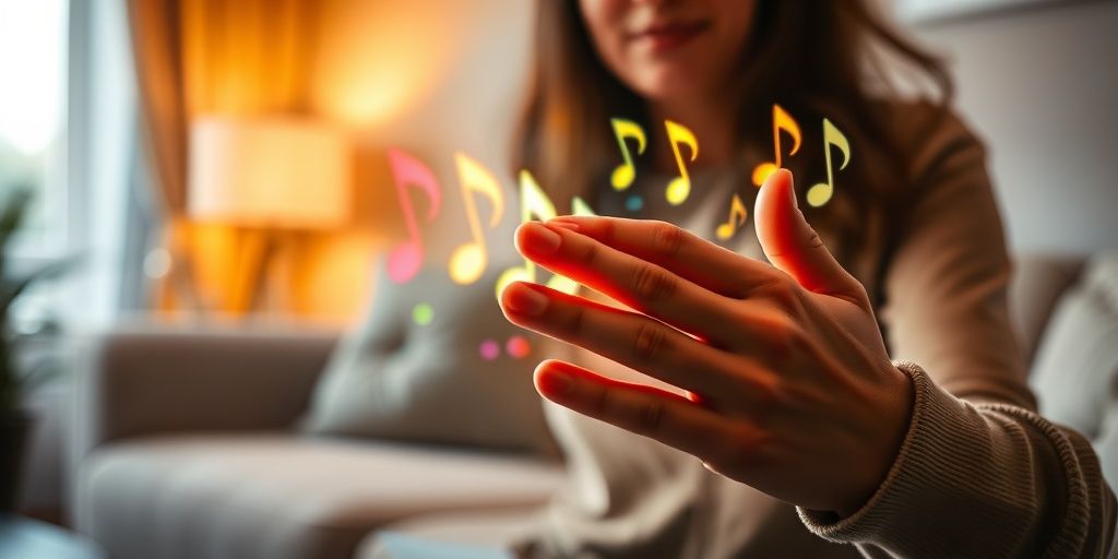 Person curates music playlist on futuristic holographic interface.
