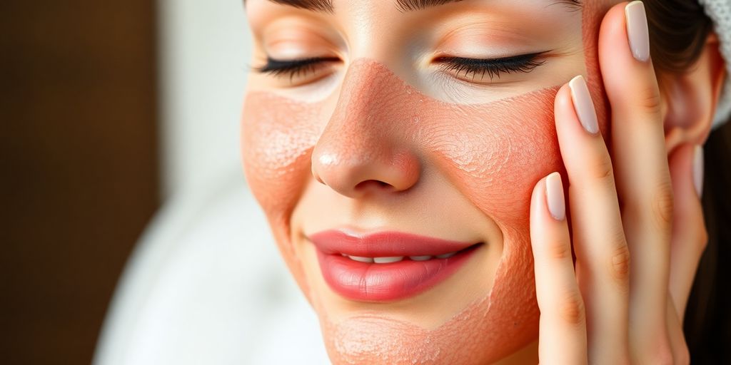 Woman applying a colorful face mask during skincare routine.