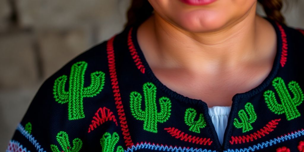 Mujer wixárika con blusa bordada de cactus.