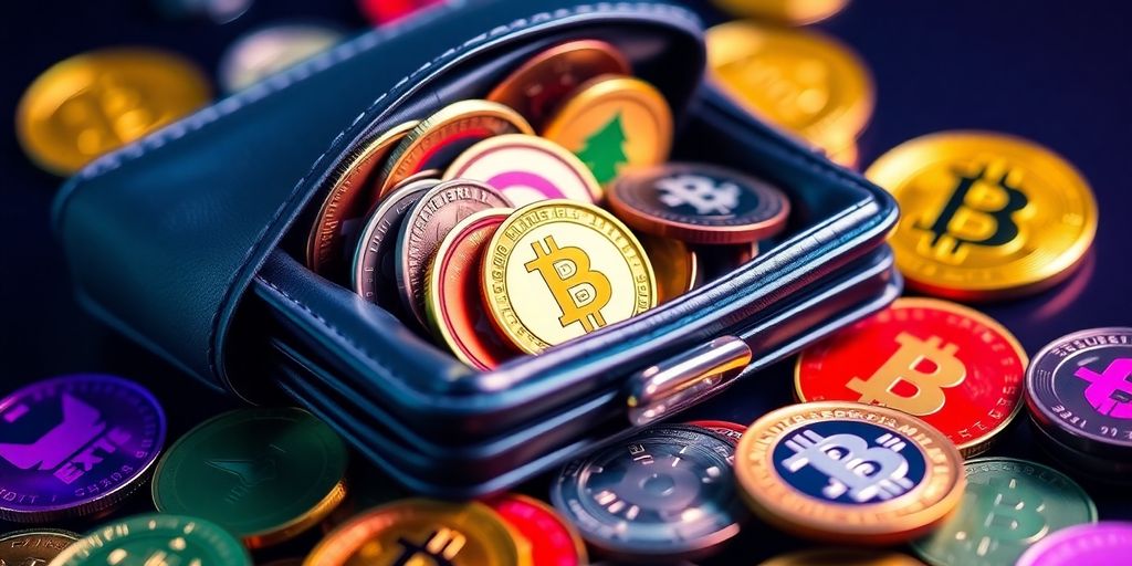 Digital wallet with cryptocurrencies and coins on display.