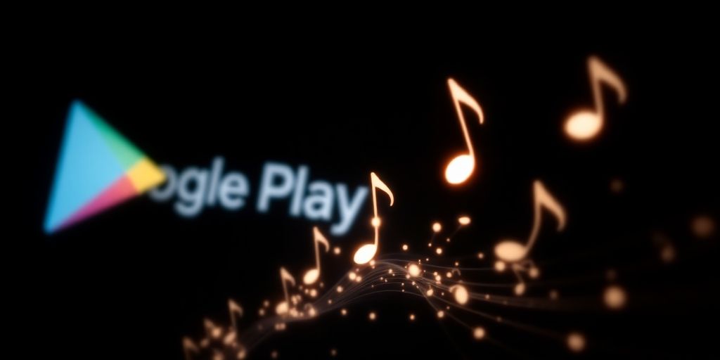 Google Play Music logo fading, digital musical notes float.