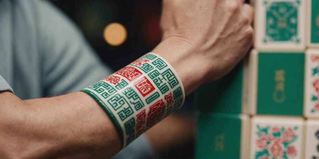 Close-up of an arm with a colorful Mahjong tile tattoo and traditional Chinese elements in the background.