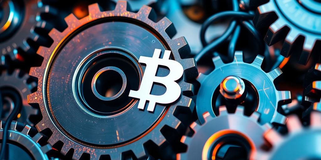 Interconnected gears and blockchain links representing supply chain innovation.