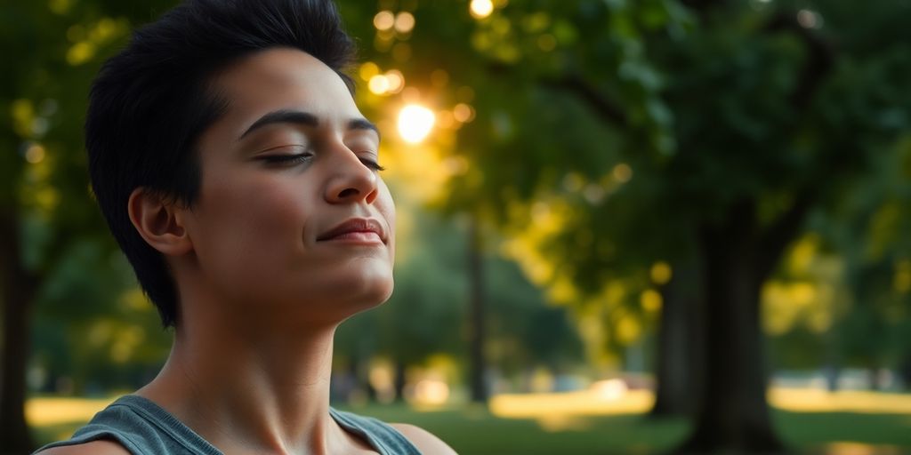 Person meditating, serene park background.