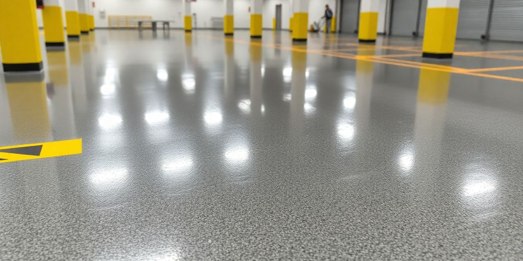Close-up of durable epoxy flooring with safety features.