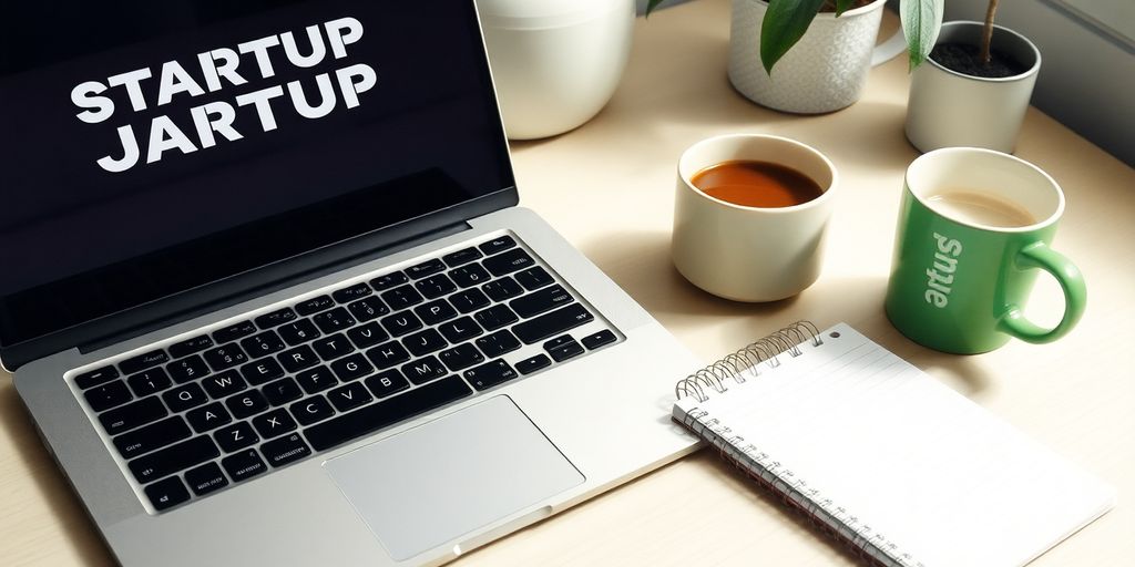 Creative workspace with laptop and notepad for startups.