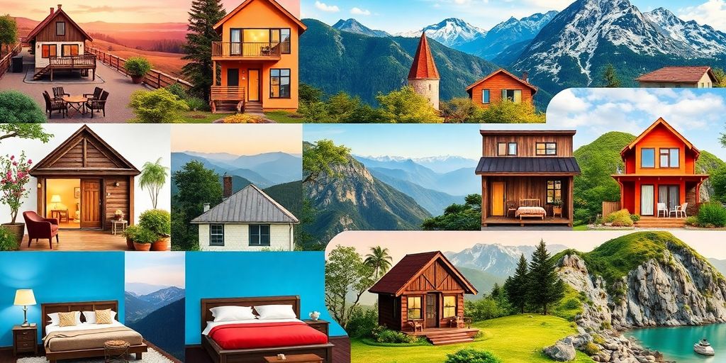 Variété d'hébergements incluant des maisons, des appartements et des hôtels.