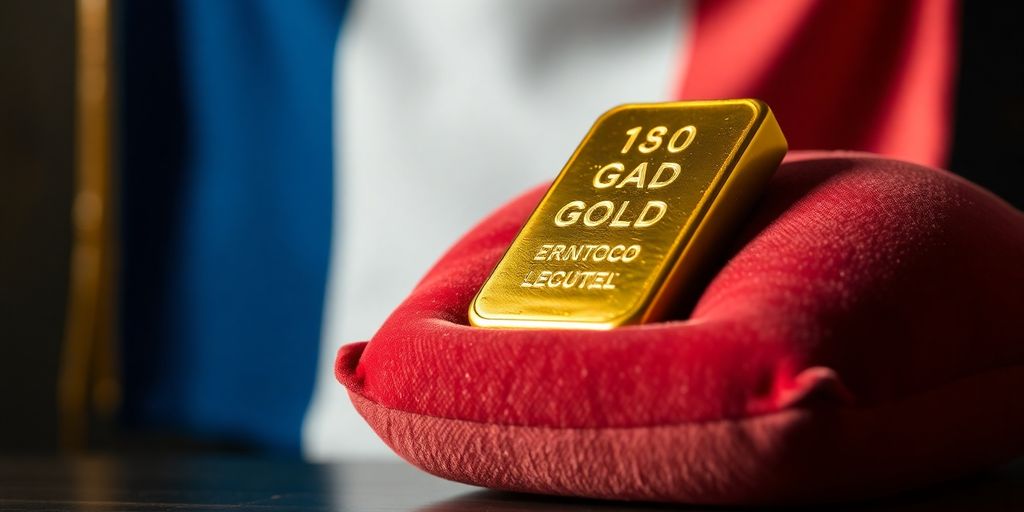 Lingot d'or sur un coussin en velours.