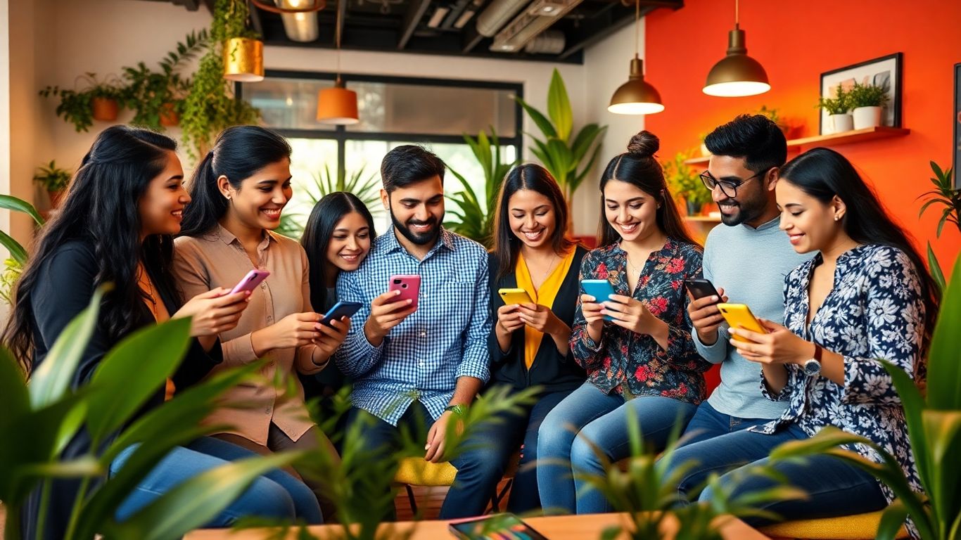 Grupo de empresarios latinos usando celulares en oficina moderna.